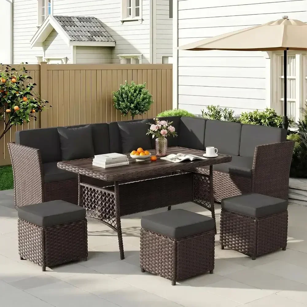 회색-갈색으로 마감된 7개의 야외용 라탄 파티오 가구  - Outdoor Furniture Metal Chairs 리뷰 및 가격